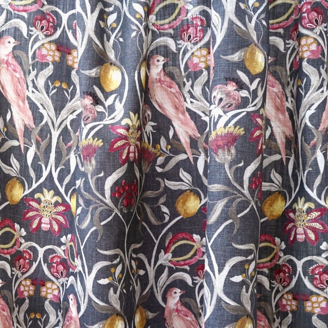 Geometric Floral Fabric with Birds and Lemons, Upholstery Fabric